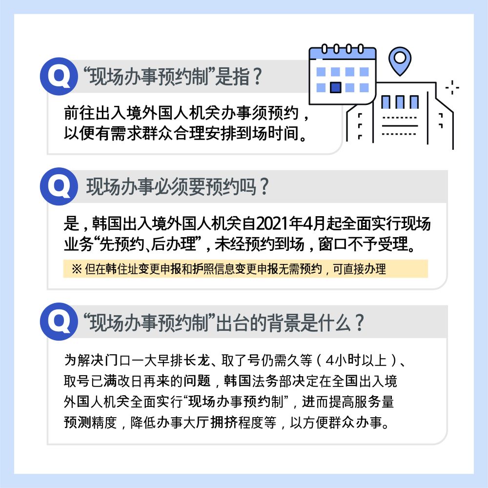 “现场办事预约制”是指？ 前往出入境外国人机关办事须预约，以便有需求群众合理安排到场时间。 现场办事必须要预约吗？ 是，韩国出入境外国人机关自2021年4月起全面实行现场业务“先预约、后办理”，未经预约到场，窗口不予受理。 ※ 但在韩住址变更申报和护照信息变更申报无需预约，可直接办理 “现场办事预约制”出台的背景是什么？ 为解决门口一大早排长龙、取了号仍需久等（4小时以上）、取号已满改日再来的问题，韩国法务部决定在全国出入境外国人机关全面实行“现场办事预约制”，进而提高服务量预测精度，降低办事大厅拥挤程度等，以方便群众办事。